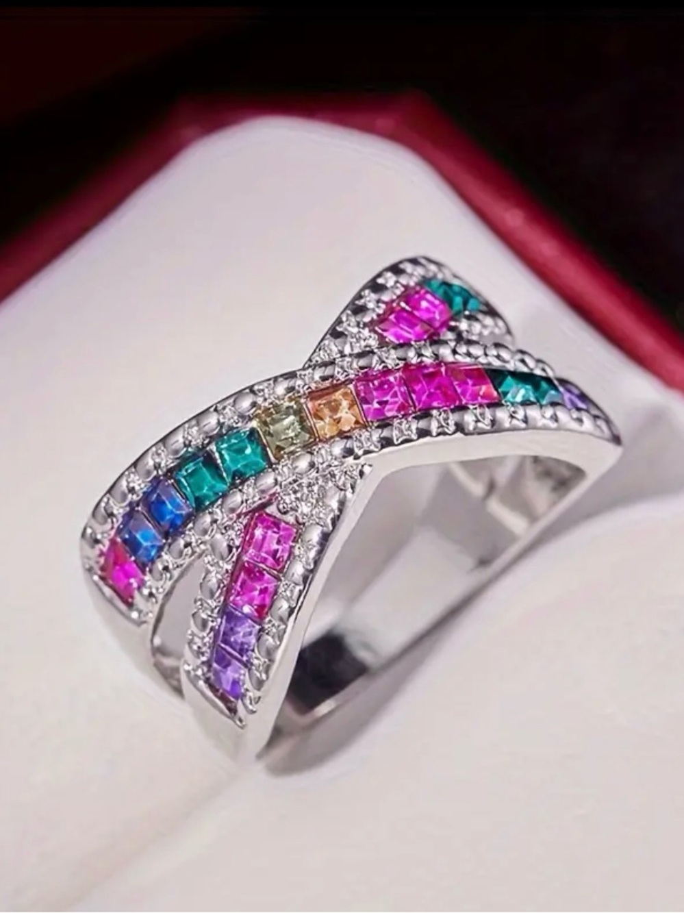 Multicolor Cross-Over Crystal Ring - Women Jewelry